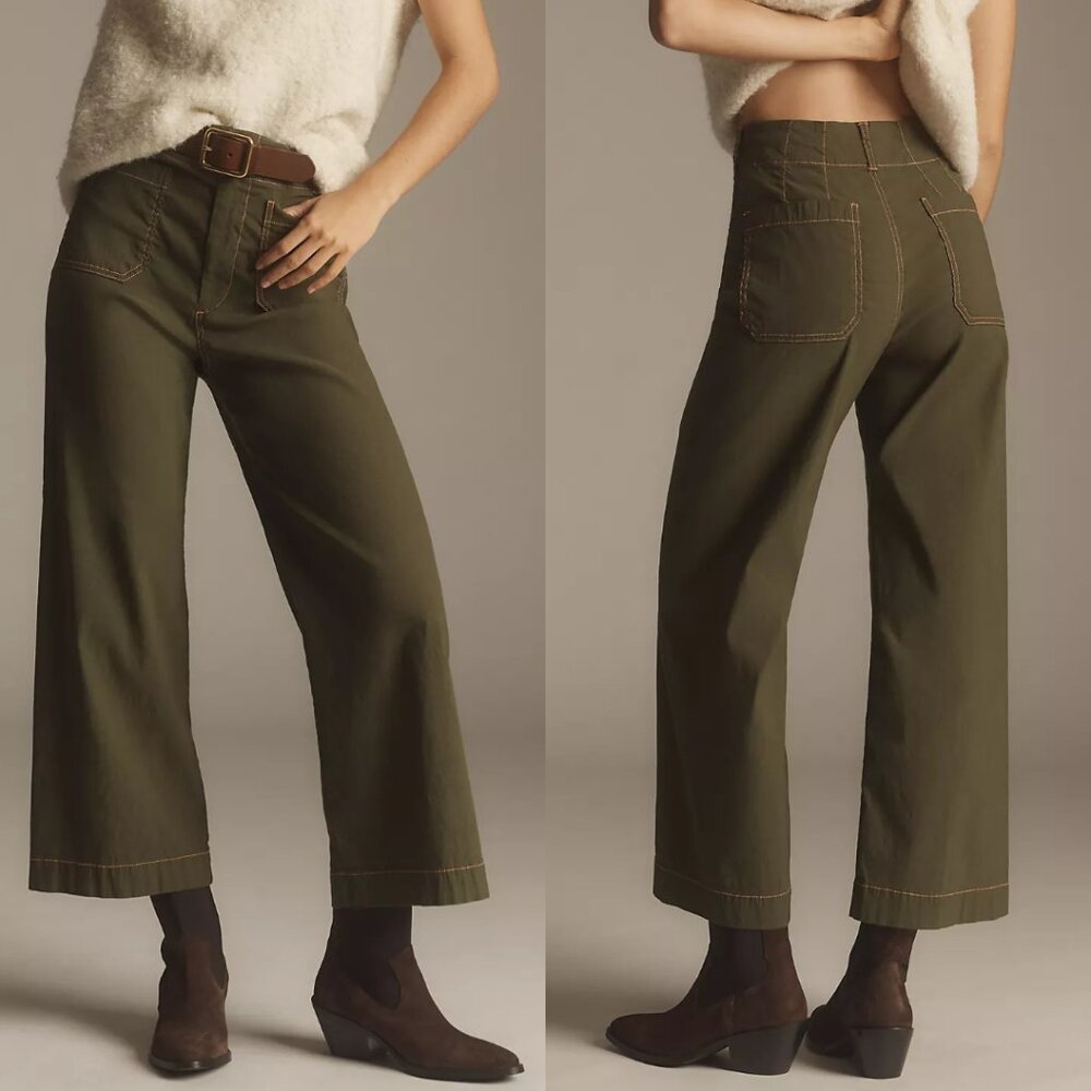 Anthropologie Maeve Green Colette Cropped Wide Leg Trouser Contrast‎ Stitch